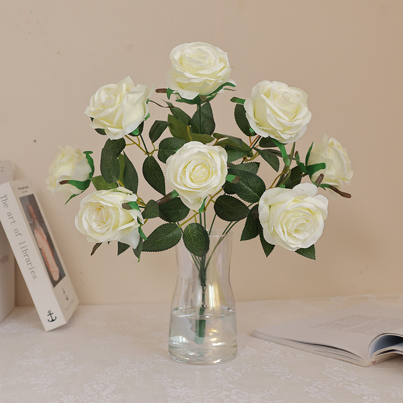 Floral art home decoration, artificial flowers, wedding supplies, bride holding a large rose simulation 9-head bouquet, office culture simulation garden flower gift box Application Scenario