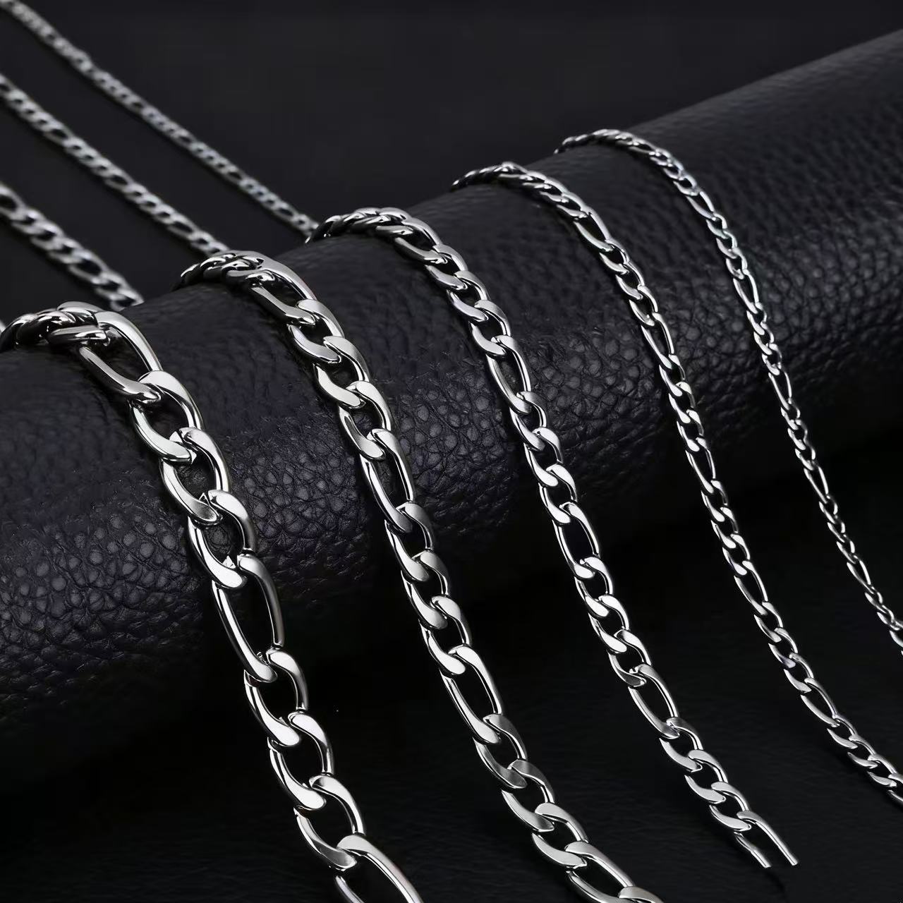 Trendy Stainless Steel Figaro Necklace, European And American Fashion Nk3:1 Side Flat Titanium Steel Diy Accessory Necklace details Picture