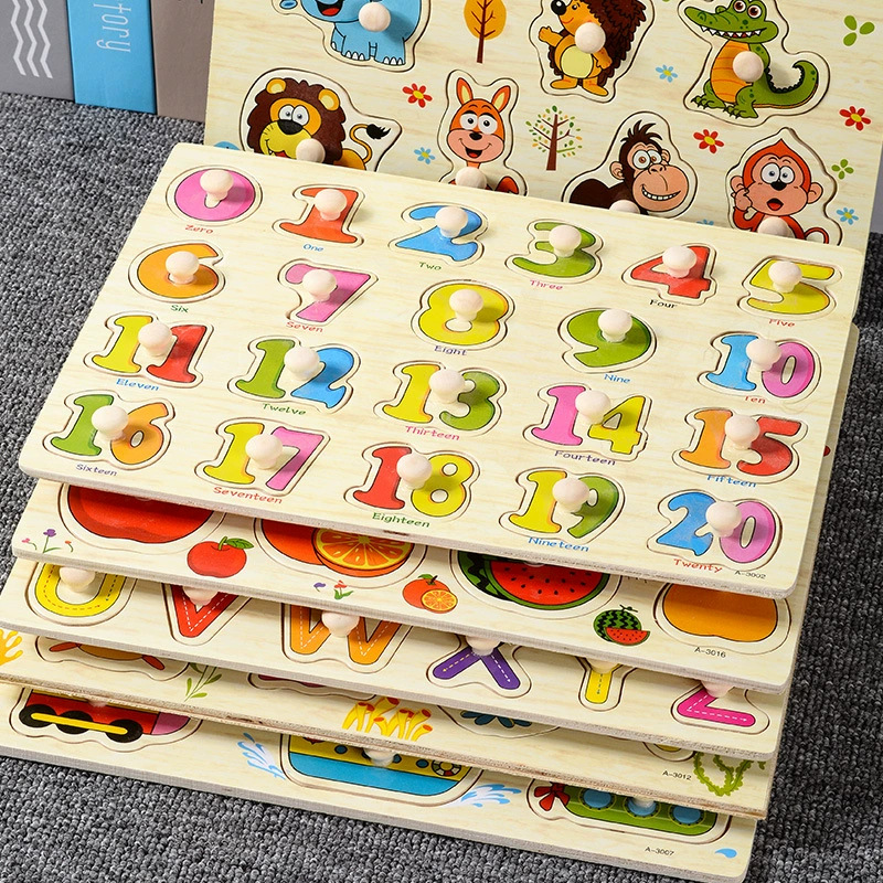 Mushroom nail grab board puzzle, children's intelligence and early education wooden letter and number fruit shape recognition board toy details Picture