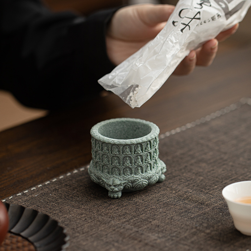 Green sandstone thousand-Buddha lotus incense holder, Zen-inspired home tea table decoration, incense base, incense tray, tea ceremony accessories, incense burner, incense burner, handicrafts, gifts, religious items, incense tray, incense plate details Picture