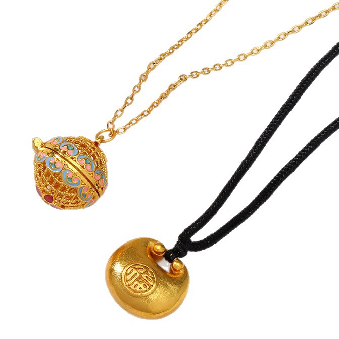 爆款新中式平安锁黑绳项链沙金黄铜吊坠金色福袋挂饰挂件现货批发详情图5