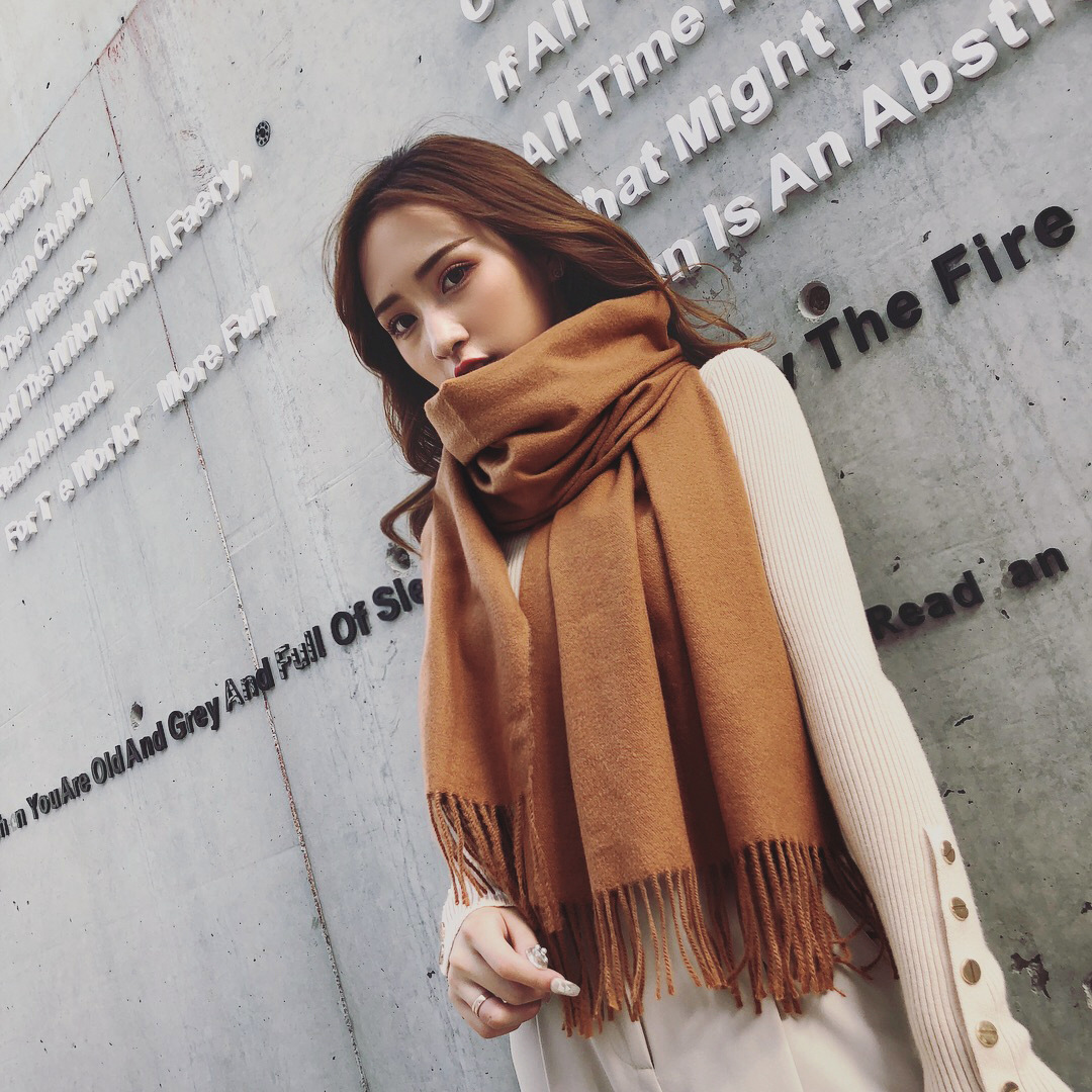 Solid-color faux cashmere scarf, thick and warm shawl for women, versatile, suitable for both men and women in autumn and winter, cashmere blanket, home textile, bright red Specification image