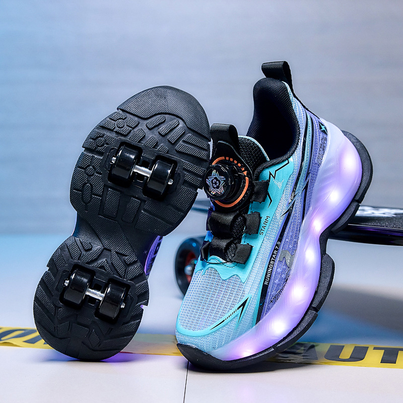 Girls' walking shoes, four-wheel charging luminous roller skates, children's breathable sports shoes, boys' two-wear eight-wheel roller skates details Picture