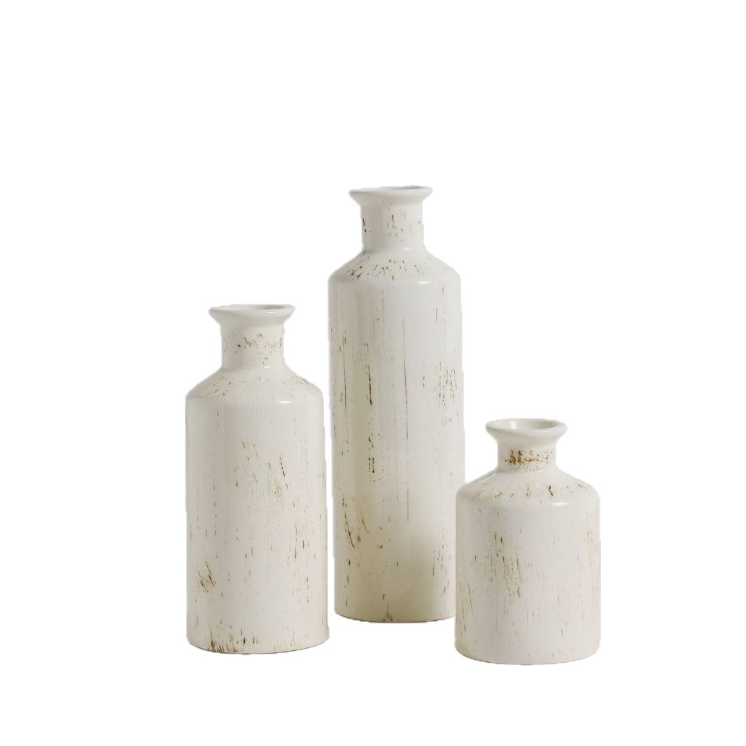 Jarrón de cerámica de estilo europeo objetos de artesanía jarrón de oro para el hogar rosa floral decoración de la sala de estar tres jarrones de viento vintage blanco Item Picture