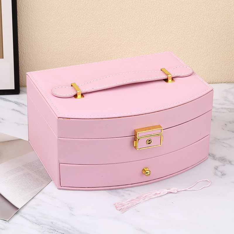 Cross-border pink princess-style children's jewelry storage box, earrings and accessories, hand-held jewelry box with lock, wholesale jewelry packaging, jewelry bags Specification image