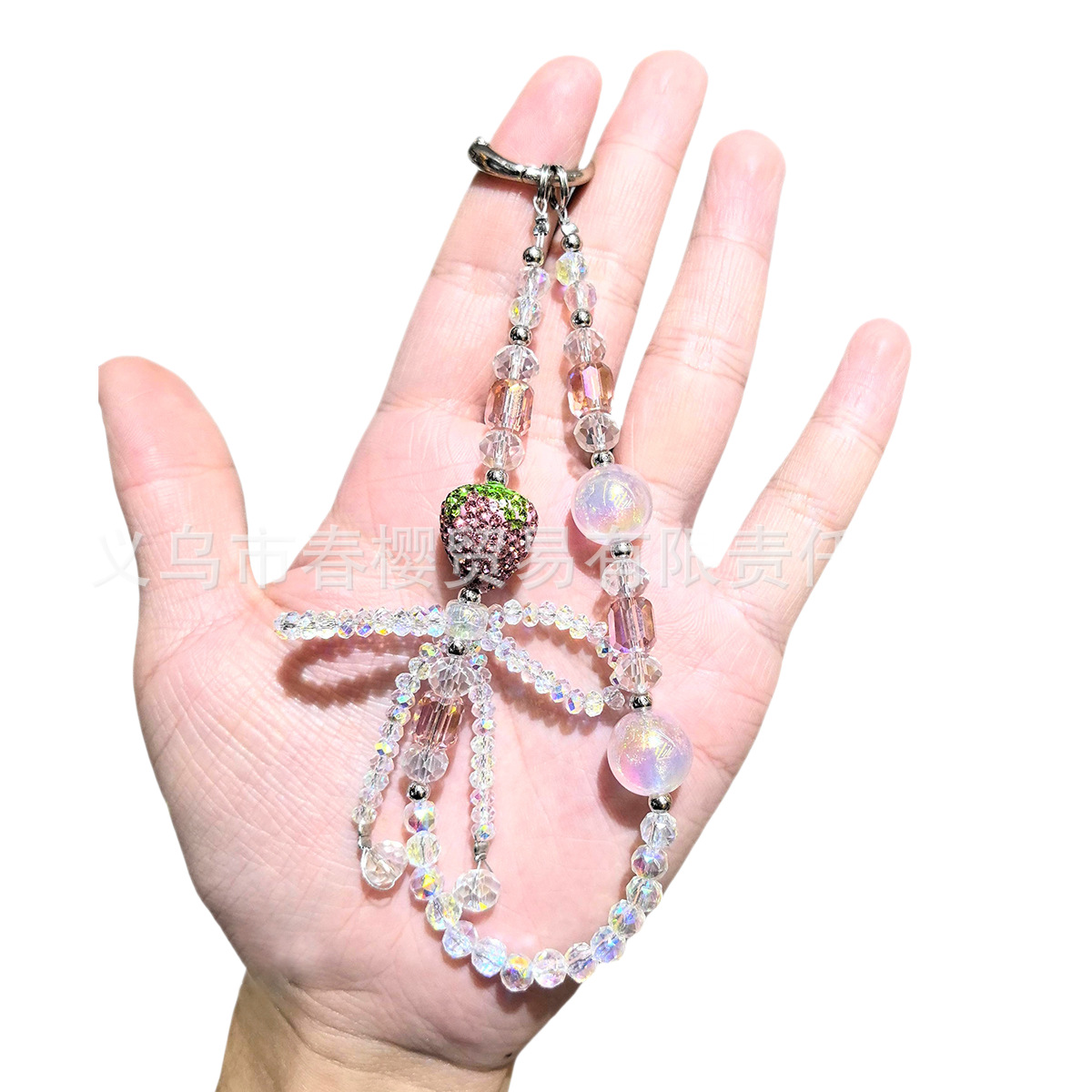 Creative and fashionable full-diamond strawberry bow mobile phone chain keychain, exquisite bag pendant chain, crystal sparkling beaded chain Item Picture