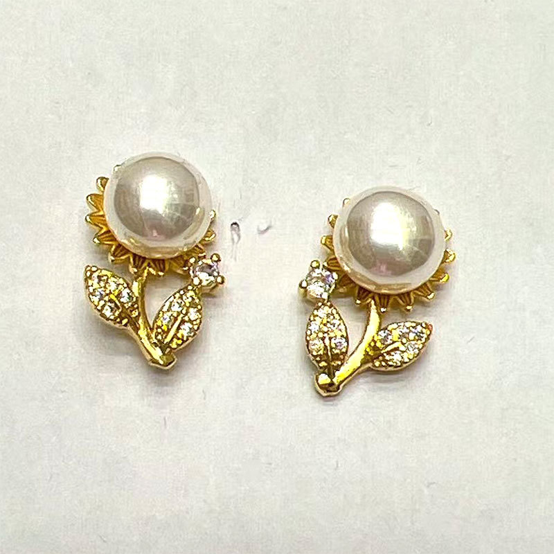 Sunflower pearl copper gold-plated pendant stud earrings, simple and high-end DIY accessory, niche design earrings for women Item Picture