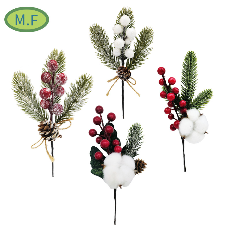 跨境圣诞插枝装饰雪花松针花枝仿真松果红白果工艺品摆件节日装饰品