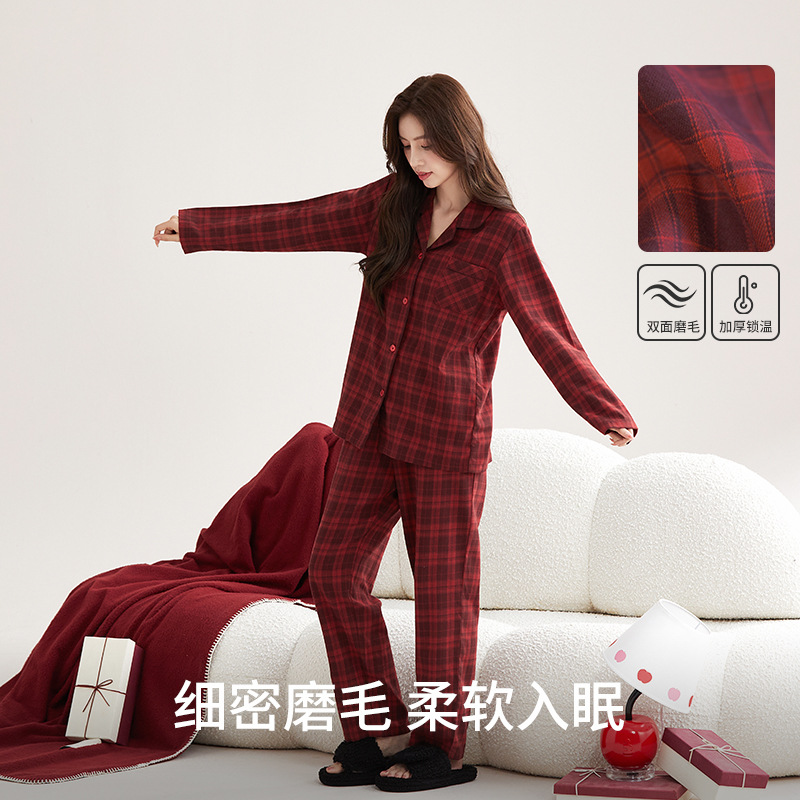 All-cotton woven brushed autumn red checkered long-sleeved lapel women's home pajama set clothing display prop Specification image
