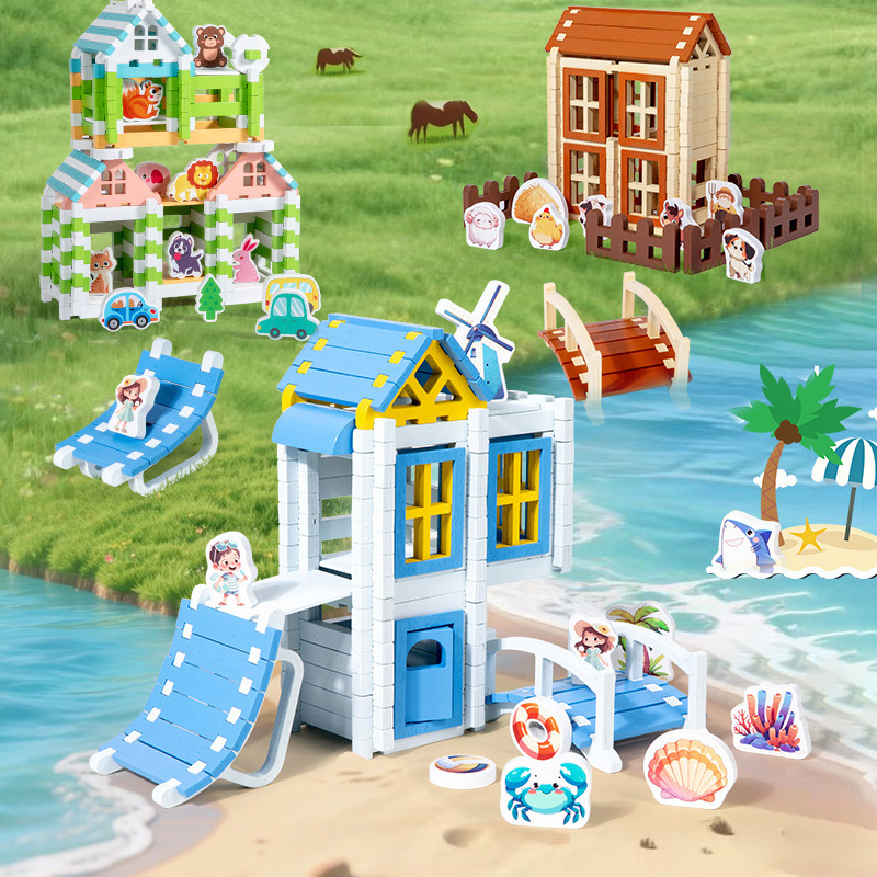 儿童榫卯积木农场沙滩动物主题创意拼搭玩具宝宝动手动脑批发模型建筑