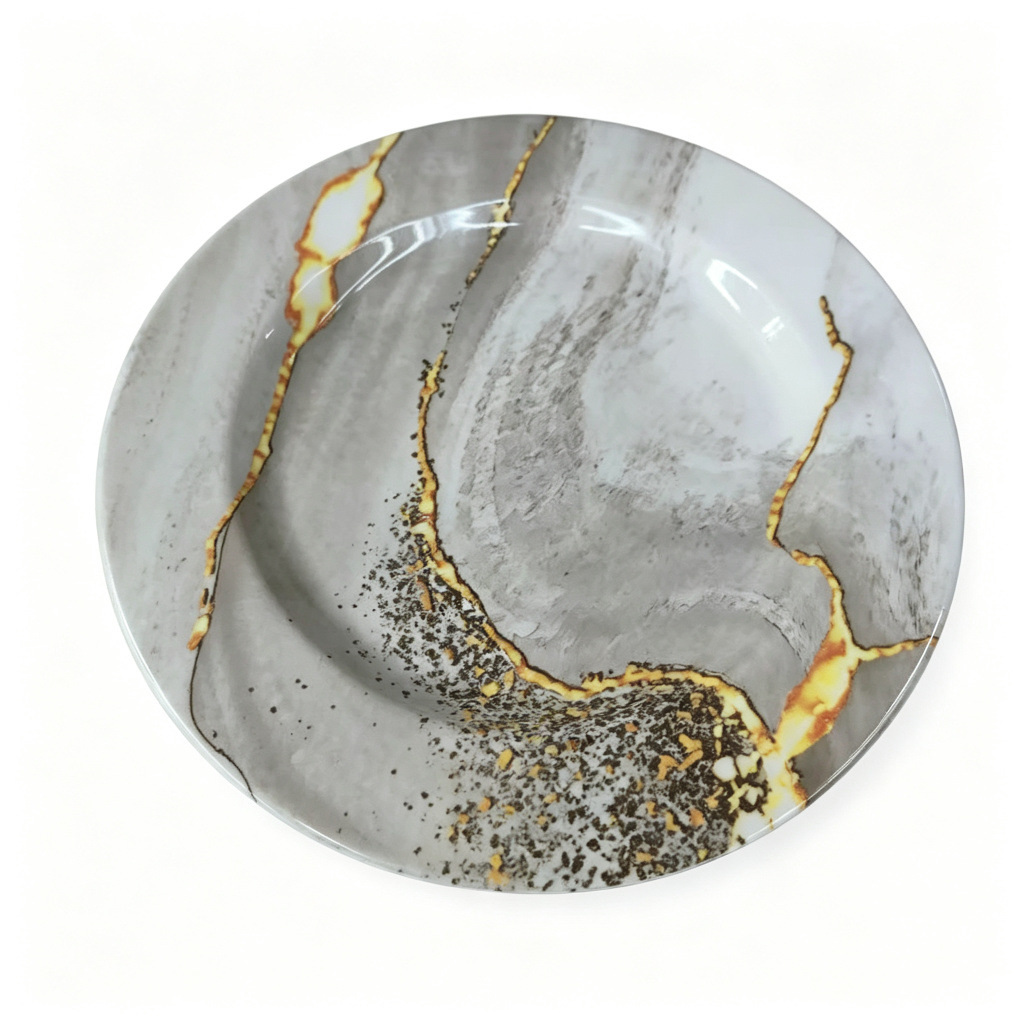 Factory direct sales of grayish-white marble gilded cracked round melamine dinner plates in commercial stock, durable and wear-resistant Specification image