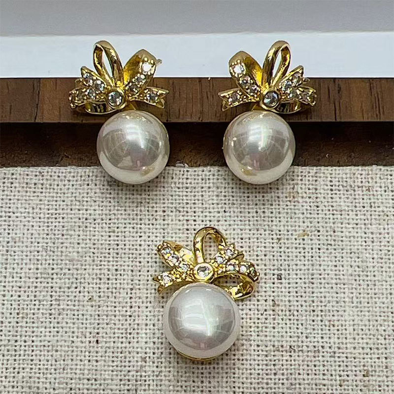 Light luxury micro-inlaid zircon bow ribbon pearl earrings, elegant and fashionable stud earrings, women's style