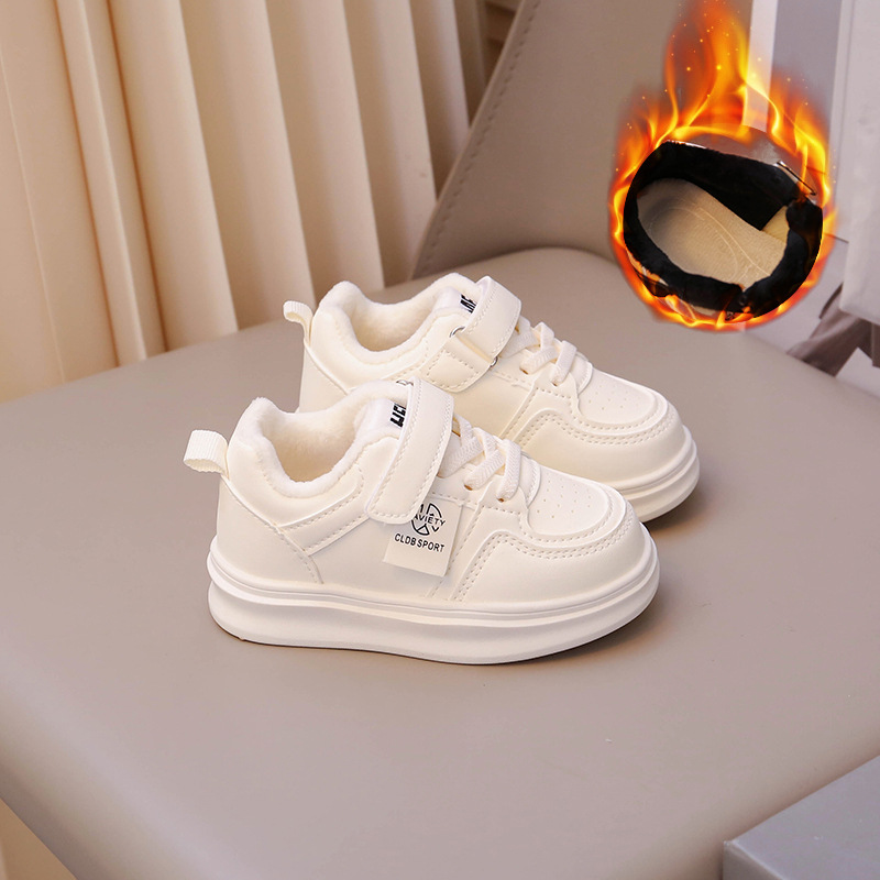 Children's autumn and winter double cotton shoes 2025 New style soft soled fleece sports shoes for boys and girls, children's shoes, baby white shoes details Picture