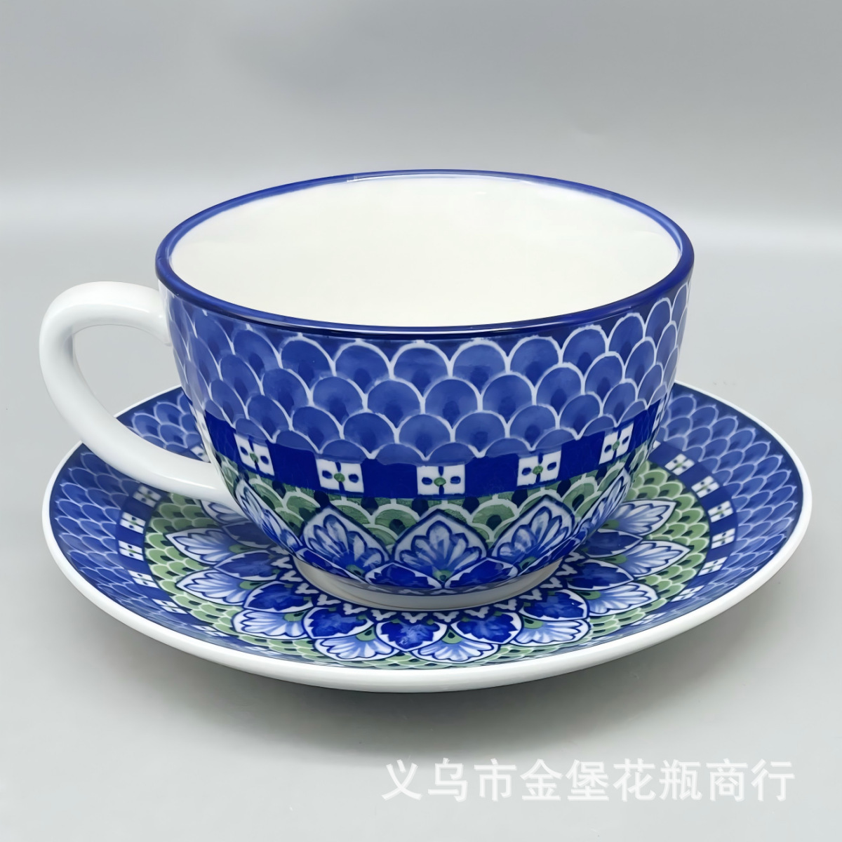 European retro bone China coffee cup and saucer set, blue and white gilded light luxury afternoon tea ceramic latte cup Specification image