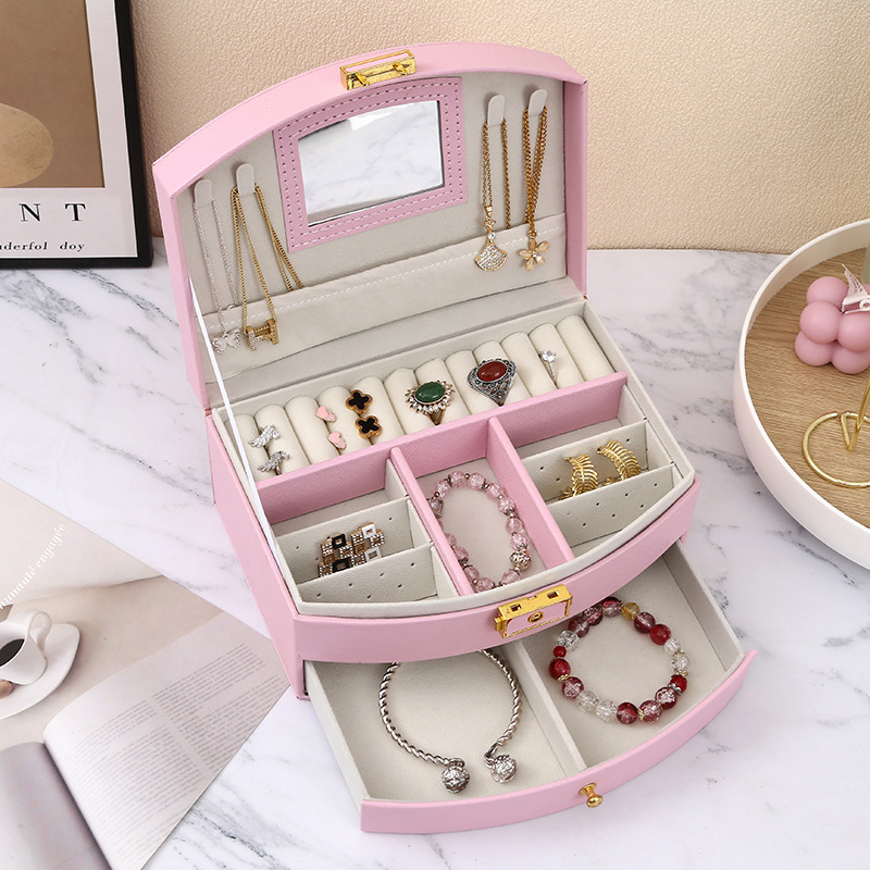Cross-border pink princess-style children's jewelry storage box, earrings and accessories, hand-held jewelry box with lock, wholesale jewelry packaging, jewelry bags details Picture
