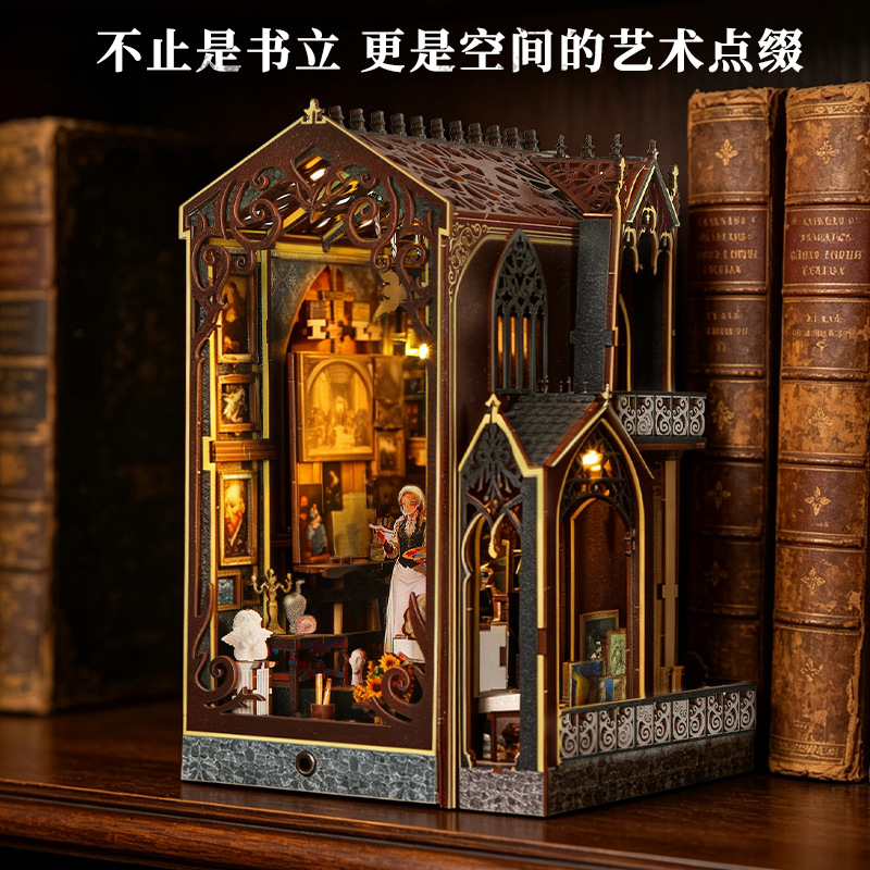 Retro castle art studio bookstand DIY handcrafted model Healing and stress-relieving assembly house handicraft decorative stand Application Scenario