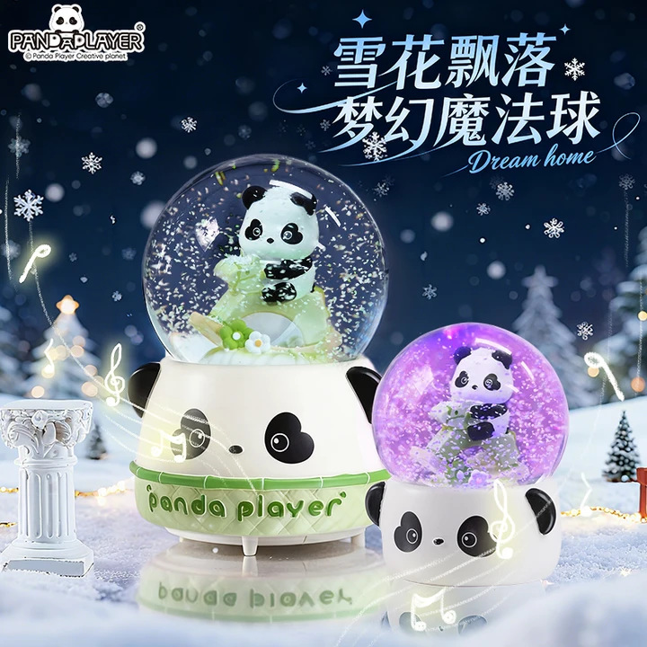 圣诞雪花球水晶球音乐盒木马熊猫女生新年节礼物飘雪摆件工艺品