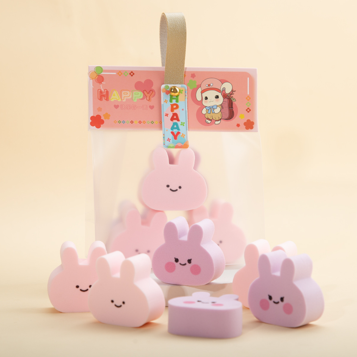 新品小兔子干湿两用海绵扑粉色6只装面部化妆工具毛绒公仔挂件批发