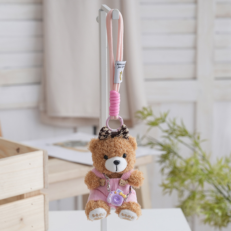 Cute internet-famous overalls, camera, teddy bear, plush toy, hanging ornament, cartoon costume, fabric doll, toy bag decoration details Picture