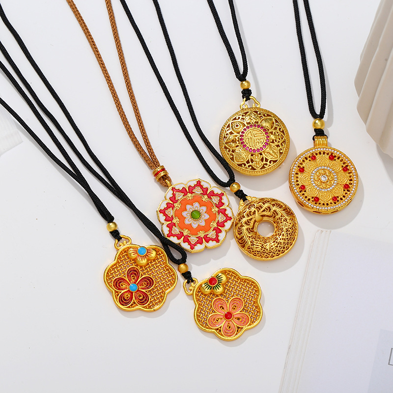 新中式沙金如意锁项链大朵莲花滴油镂空吊坠铜镀金首饰批发