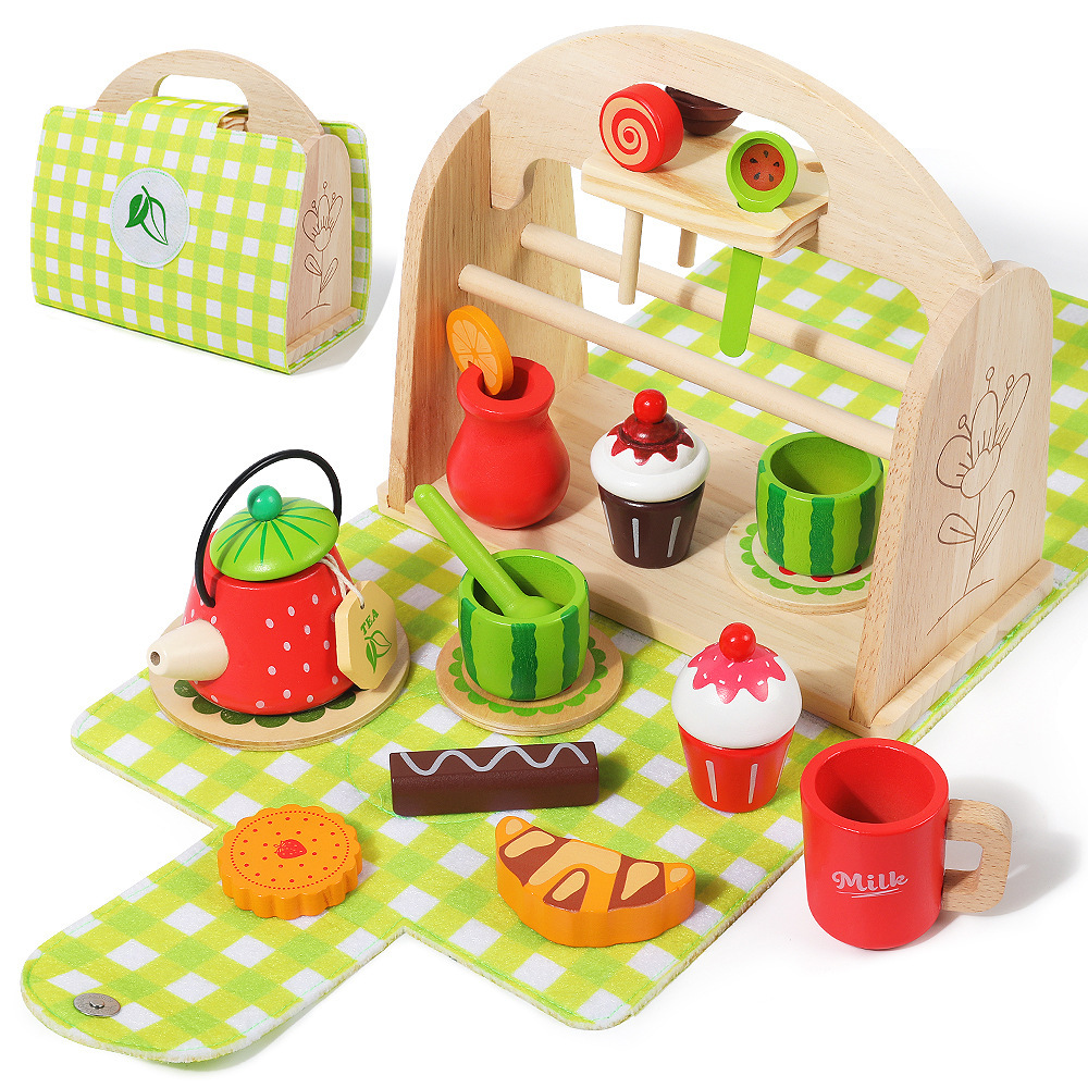 Cross-border wooden children's afternoon tea simulation tea set, baby role-playing educational toys, portable box toys, house play tableware and kitchenware Item Picture