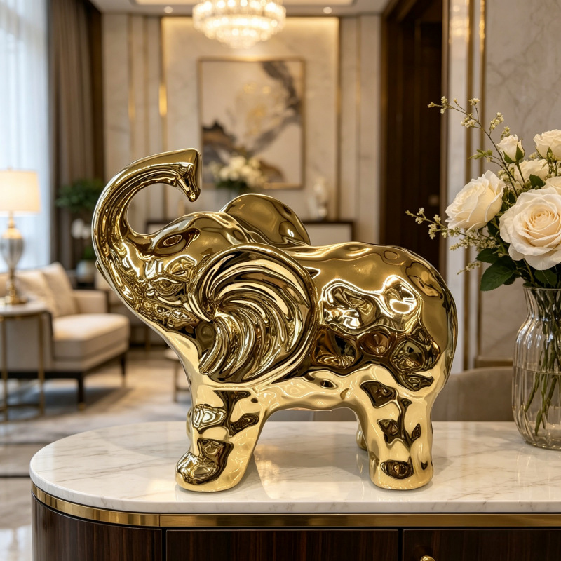 Light luxury and minimalist golden elephant figurine, ceramic elephant, living room entrance, model room, soft decoration handicraft Specification image