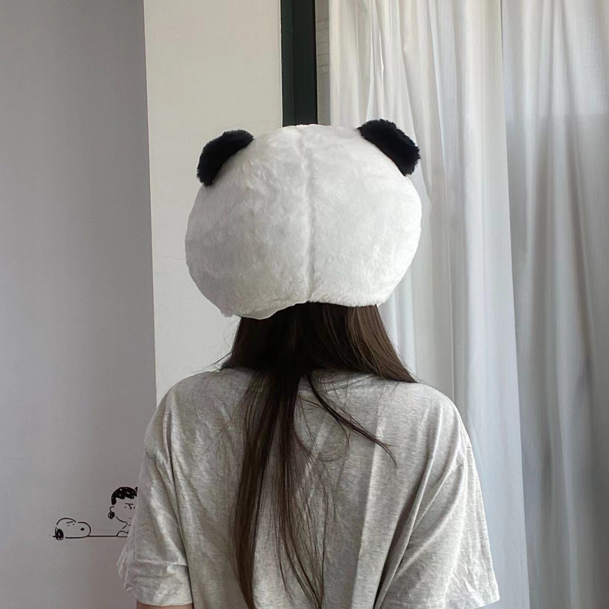 New electric bike head cover, pure white panda imitation rabbit plush cute windproof and warm ski hat accessory Specification image