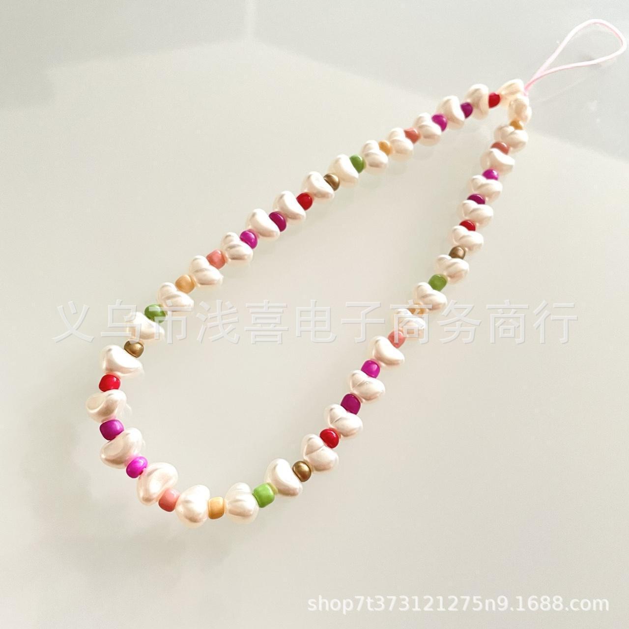 ins新款珍珠元宝爱心形手机链可爱粉色系手工串珠挂饰手机挂绳女饰品配件散珠串珠