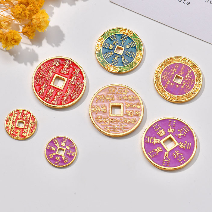 古法金财神铜钱八卦六字真言藏文经隔片diy饰品配件批发工艺品礼品收藏