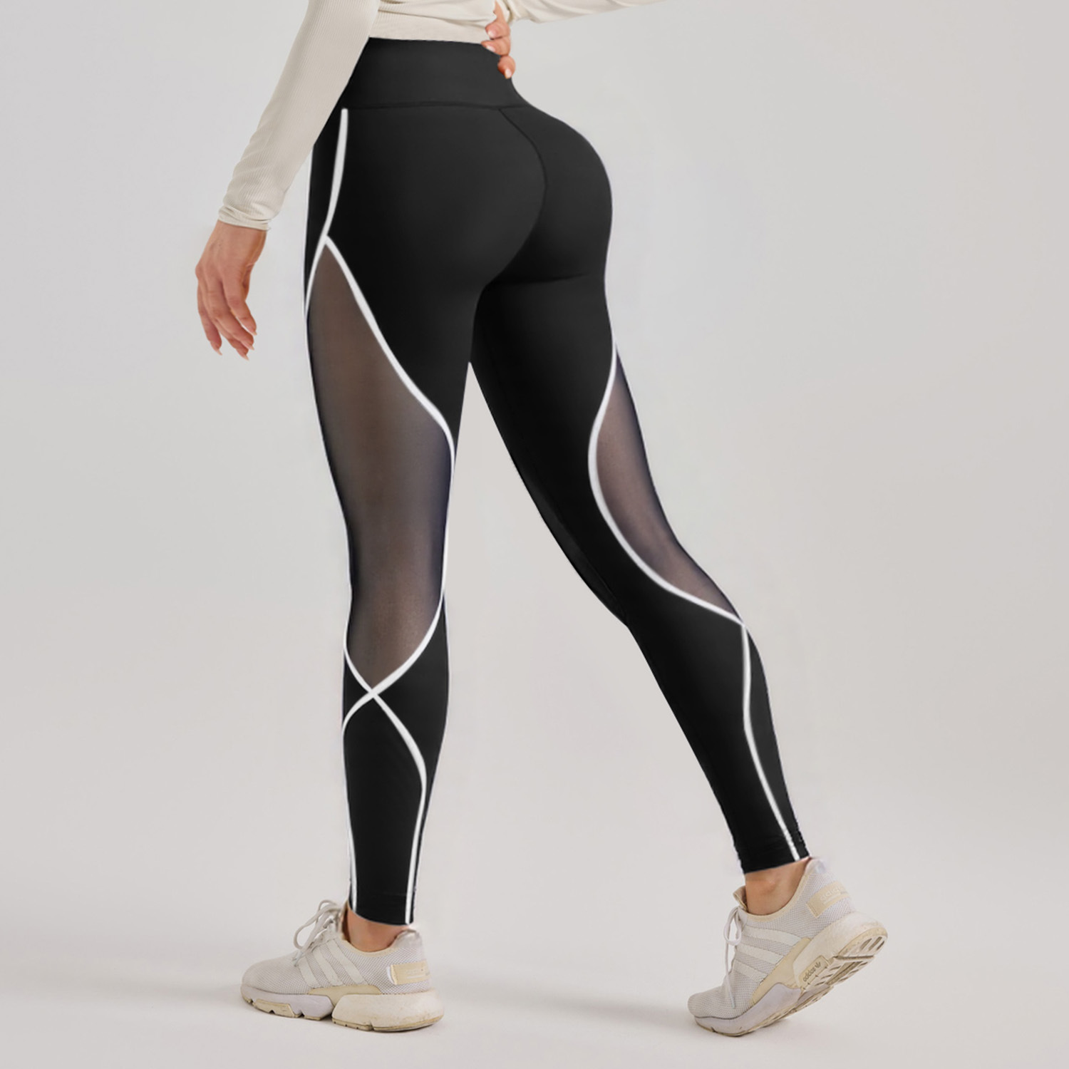 Cross-border European and American high-waisted color-blocking mesh yoga pants, women's hip-lifting running sports pants details Picture