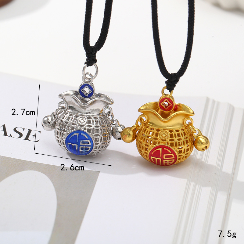 爆款新中式平安锁黑绳项链沙金黄铜吊坠金色福袋挂饰挂件现货批发详情图4