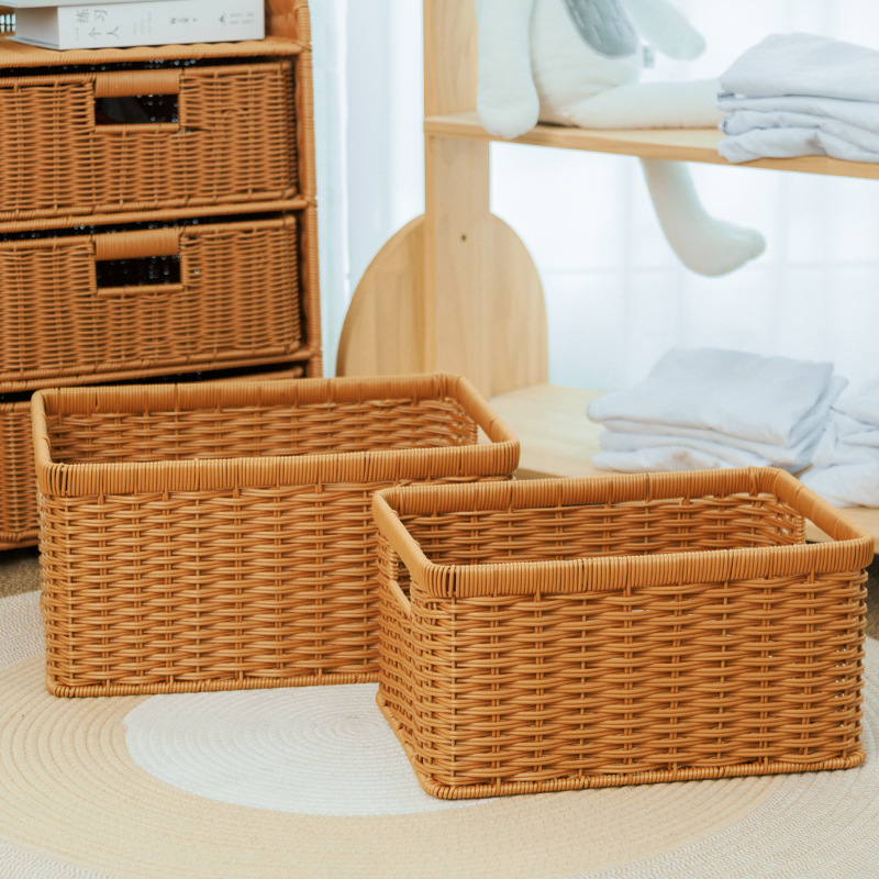 Imitation rattan weaving living room coffee table storage basket, TV cabinet drawer organization basket, kitchen vegetable, fruit and snack storage basket, multi-functional storage basket details Picture