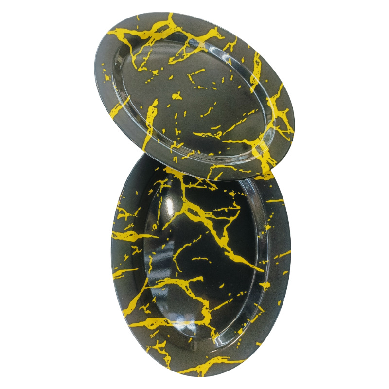 Factory direct sales of carbon black bright golden pattern oval-shaped melamine dinner plates, commercial, shockproof and wear-resistant in stock Item Picture