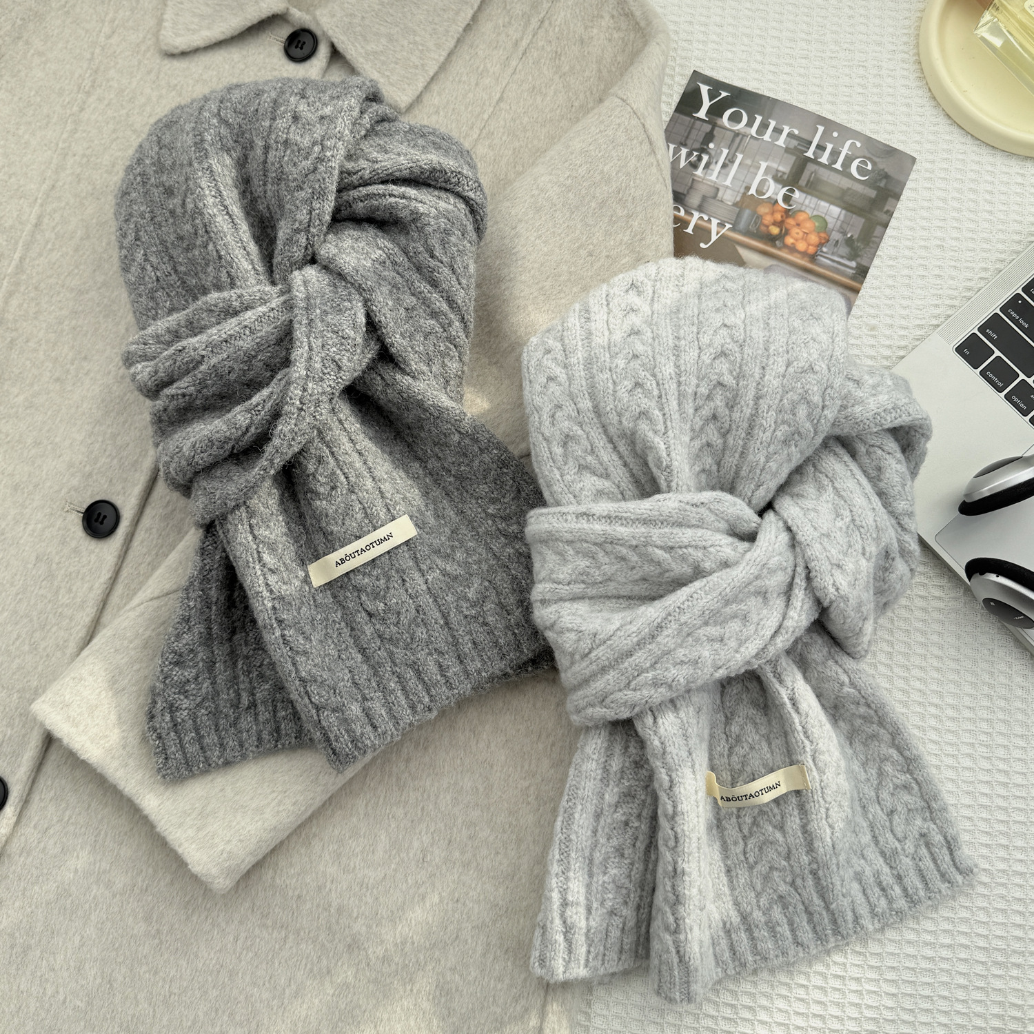 Korean-style high-end atmosphere wool blend women's autumn and winter knitted versatile solid color twist scarf men's warm scarf Specification image