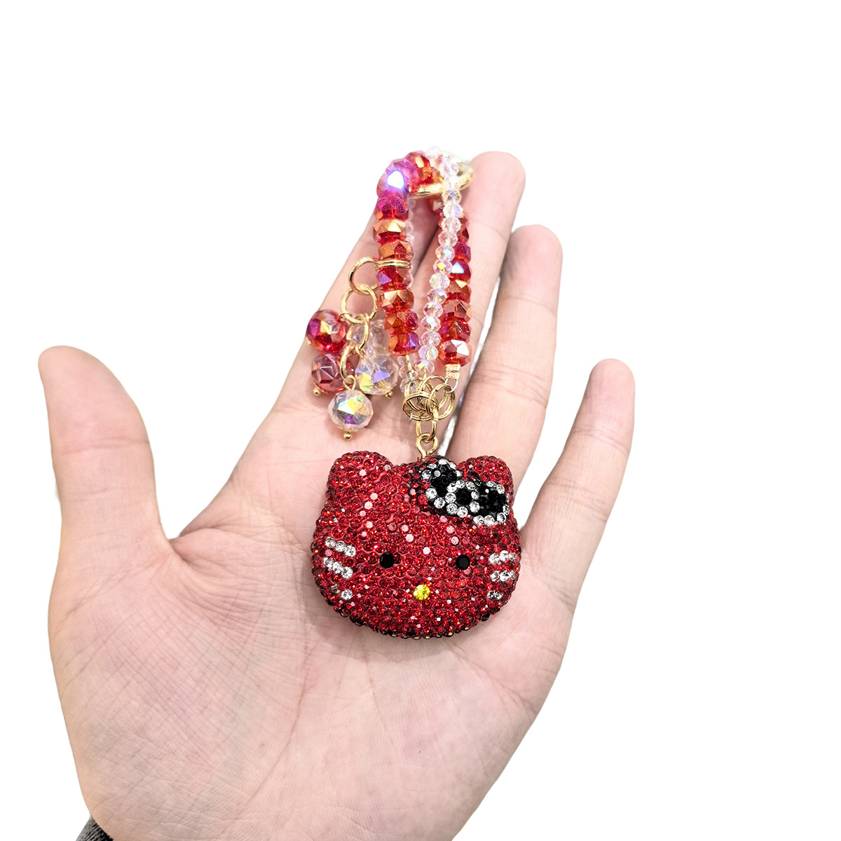 Cross-border light luxury full-diamond cartoon cat diamond rope pendant, creative car keychain, cute couple bow bag pendant details Picture