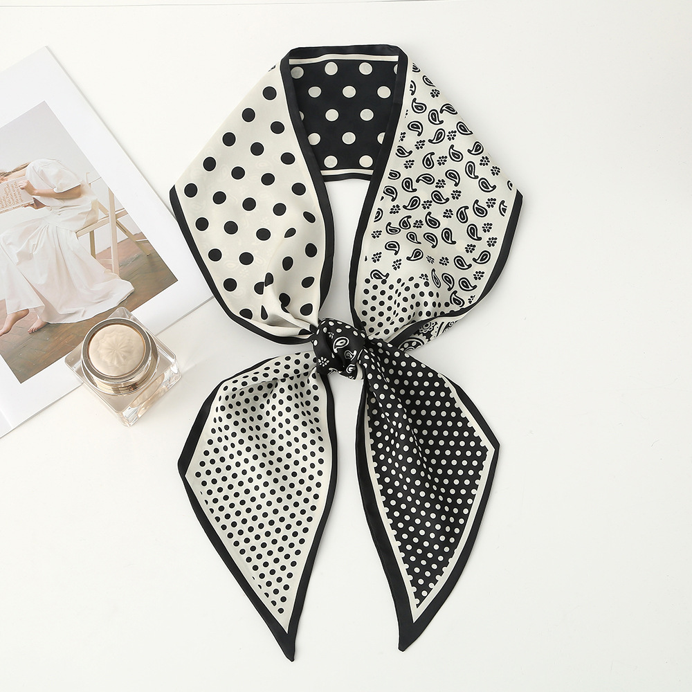 夏季百搭新款圆点腰果花印花长条丝巾双层斜角大飘带服装配饰围巾防晒衣