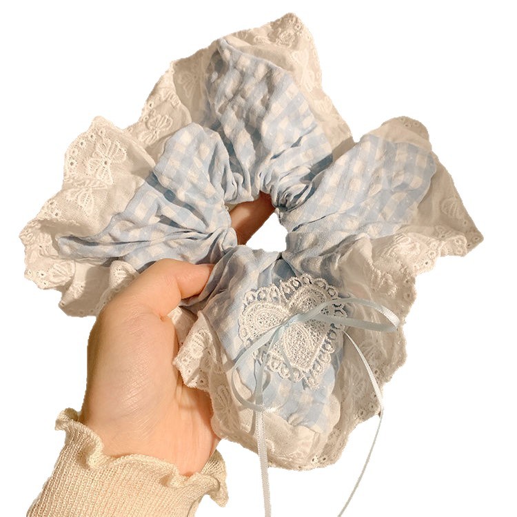 Sea salt bubble blue checkered bow lace large hair band for women, Korean summer super large hair tie headwear Item Picture