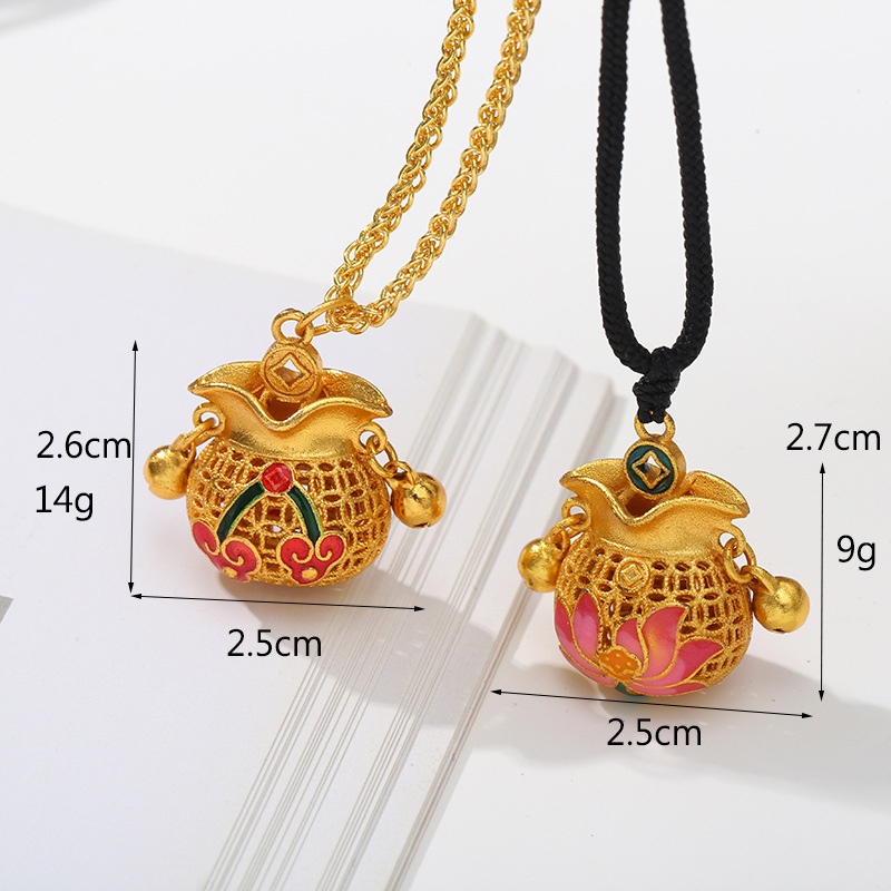 爆款新中式平安锁黑绳项链沙金黄铜吊坠金色福袋挂饰挂件现货批发详情图2