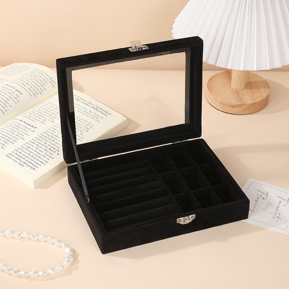 New high-end velvet glass transparent flip cover jewelry storage box, jewelry ring necklace display box, accessory packaging storage box Application Scenario