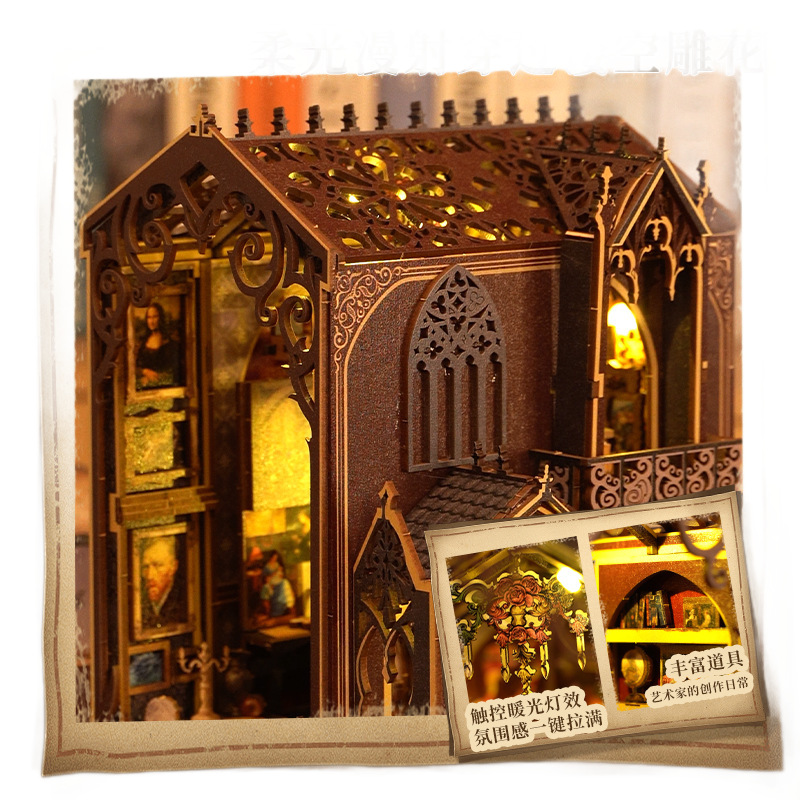 Retro castle art studio bookstand DIY handcrafted model Healing and stress-relieving assembly house handicraft decorative stand Item Picture