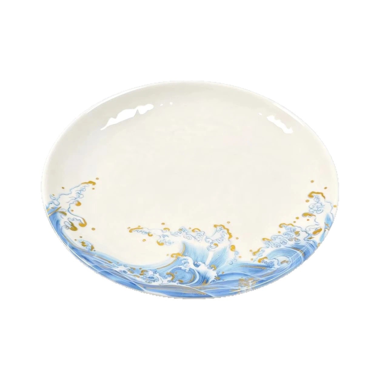 Customized processing of golden wave printed melamine imitation porcelain round fast food plates, vegetable plates, fruit plates, and durable plastic bowls Item Picture