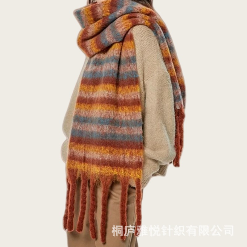 Maillard autumn/Winter women's faux cashmere striped color-blocked shawl, warm mohair thickened scarf, clothing accessories details Picture