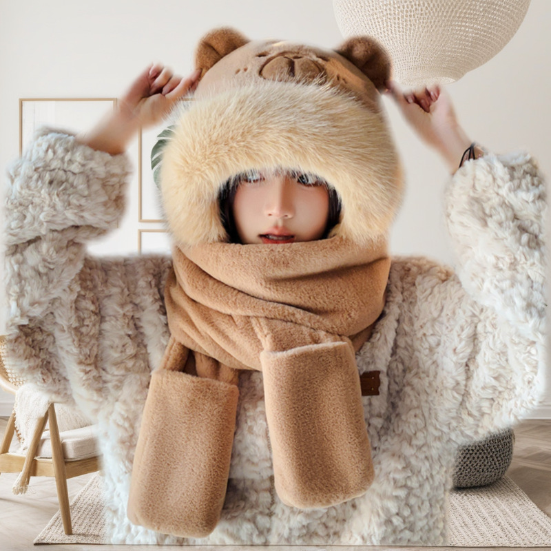 卡通水豚可爱卡皮巴拉帽子围巾三件套女秋冬保暖防风儿童耳饰饰品