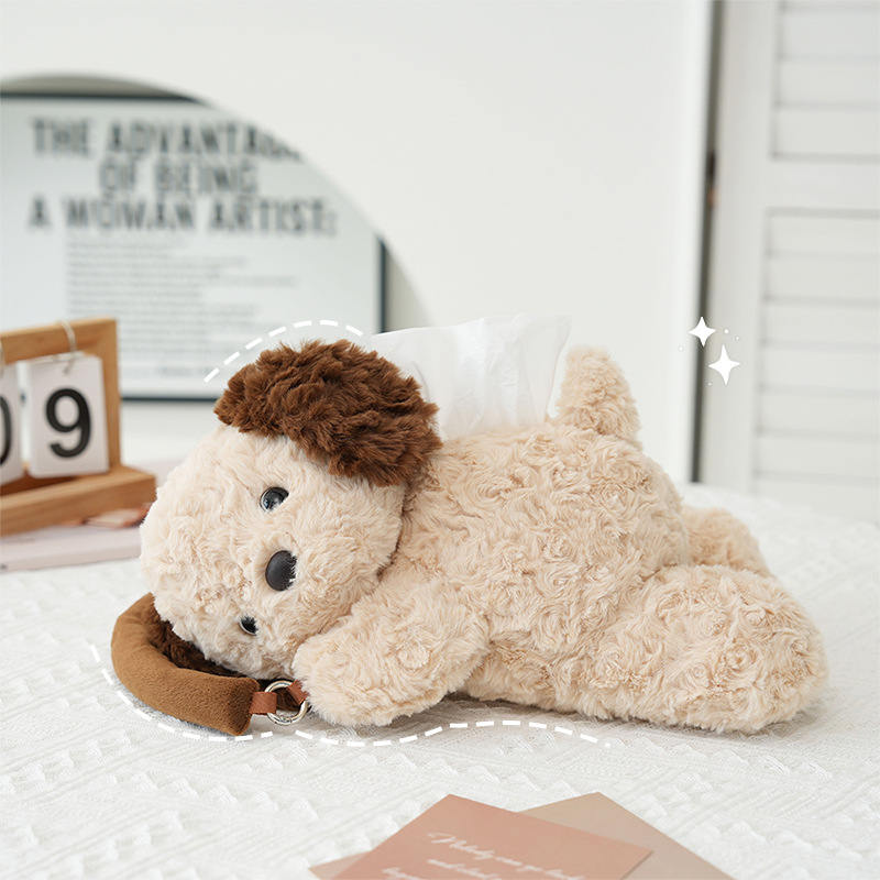 Creamy puppy plush creative tissue box, hand-held car home hanging paper bag, cute cartoon car home products Specification image