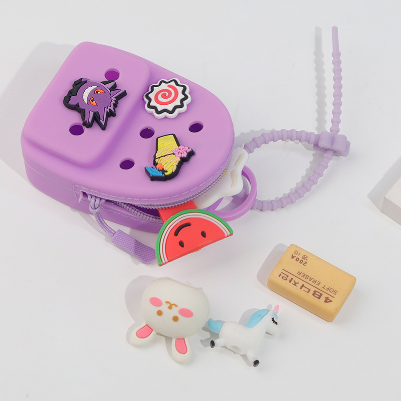 DIY hole-hole silicone mini schoolbag, children's coin purse, creative headphones, storage, keychain, pendant, accessories details Picture
