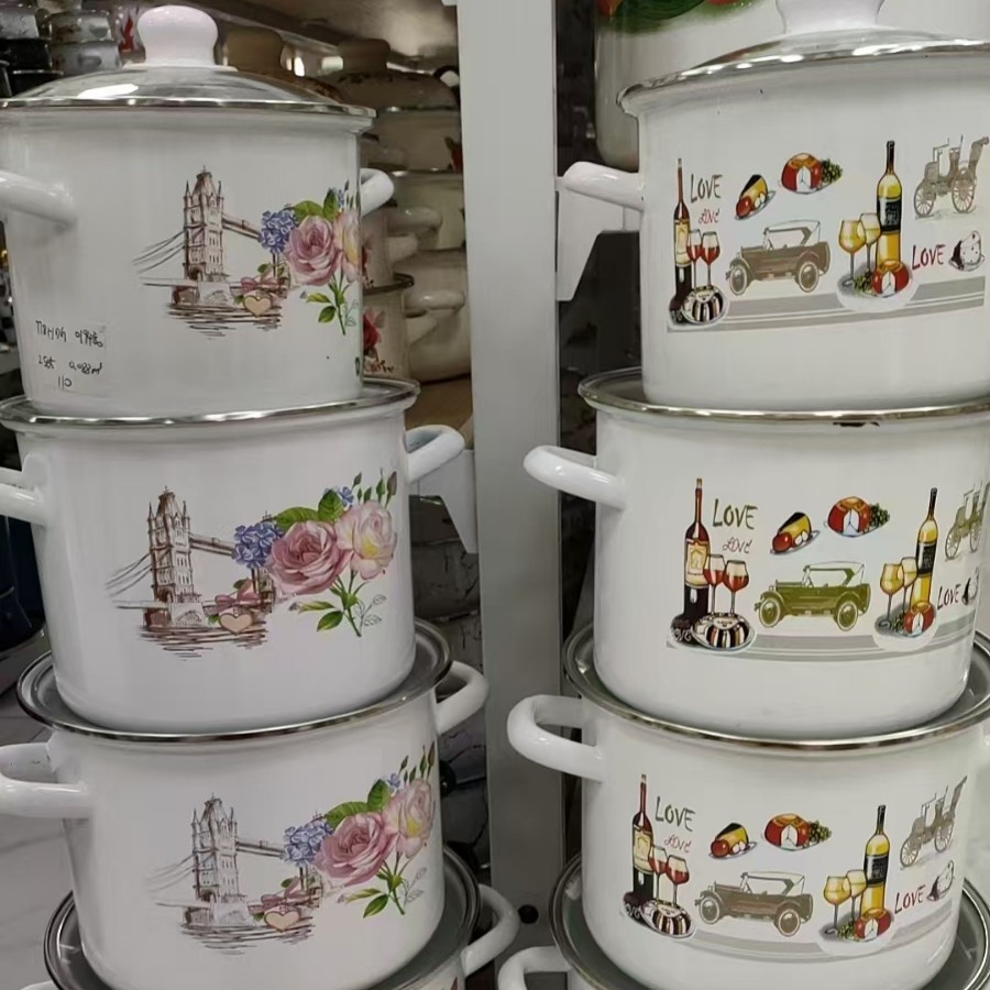 Cross-border 778HDG thickened high bucket five-piece set of enamel cookware, kitchen POTS and pans, export of daily necessities details Picture