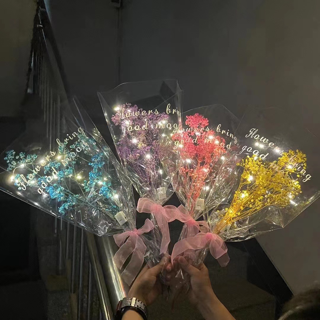 发光带灯袋装永生花满天星花束夜市地摊抖音火爆宠物园艺干花装饰