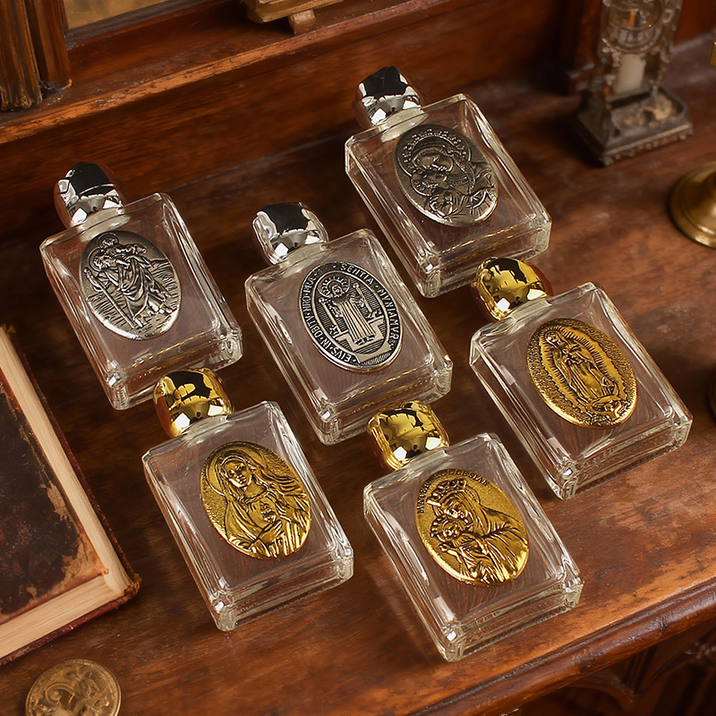 15ml Holy Water bottle, glass metal embossed rose decoration, baptism bottle, cross-border packaging glass bottle, decorative items Specification image