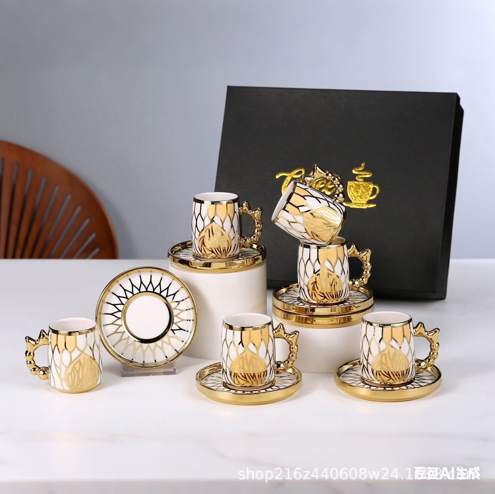Cross-border hot gold-embossed European-style afternoon tea cup and saucer set, 6 cups and 6 saucers, home ceramic coffee cups, red tea cups details Picture