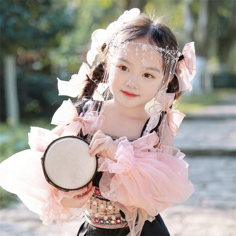 Children's Hani ethnic false braids, long hair, double ponytails, bows, baby hair accessories, photo props, cute braids details Picture